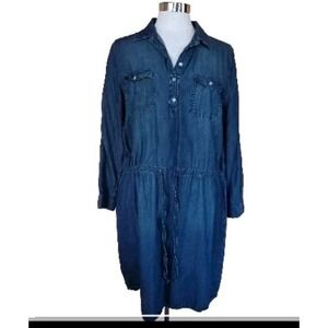 Gloria Vanderbilt Dress SZ L Chambray Denim Roll Tab Sleeve Drawstring Waist